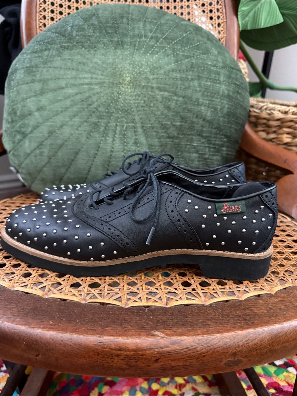 G.H. Bass & Co. Benton Black Leather Silver Studded Brogue Oxford Saddle Shoes